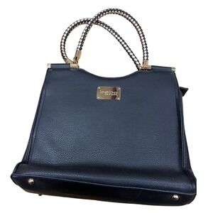 Bebe Black Faux Leather Handbag Gold Tone Braided Handles Crossbody Strap